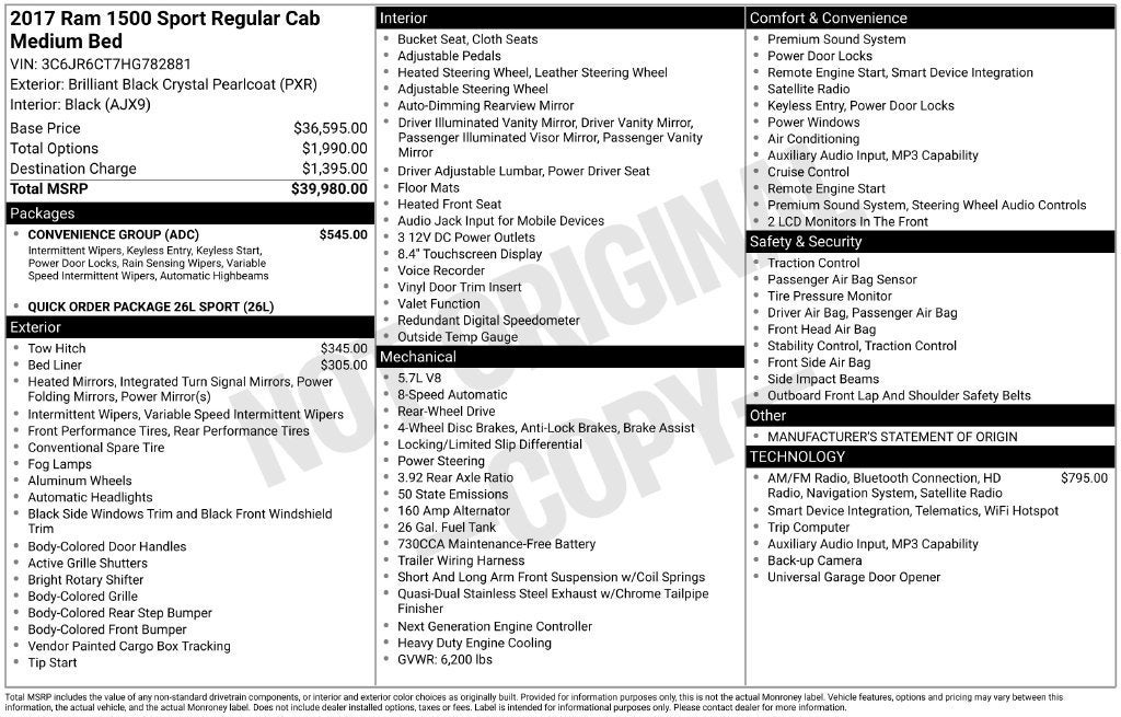 2017 RAM 1500 Sport Regular Cab 4x2 6'4" Box