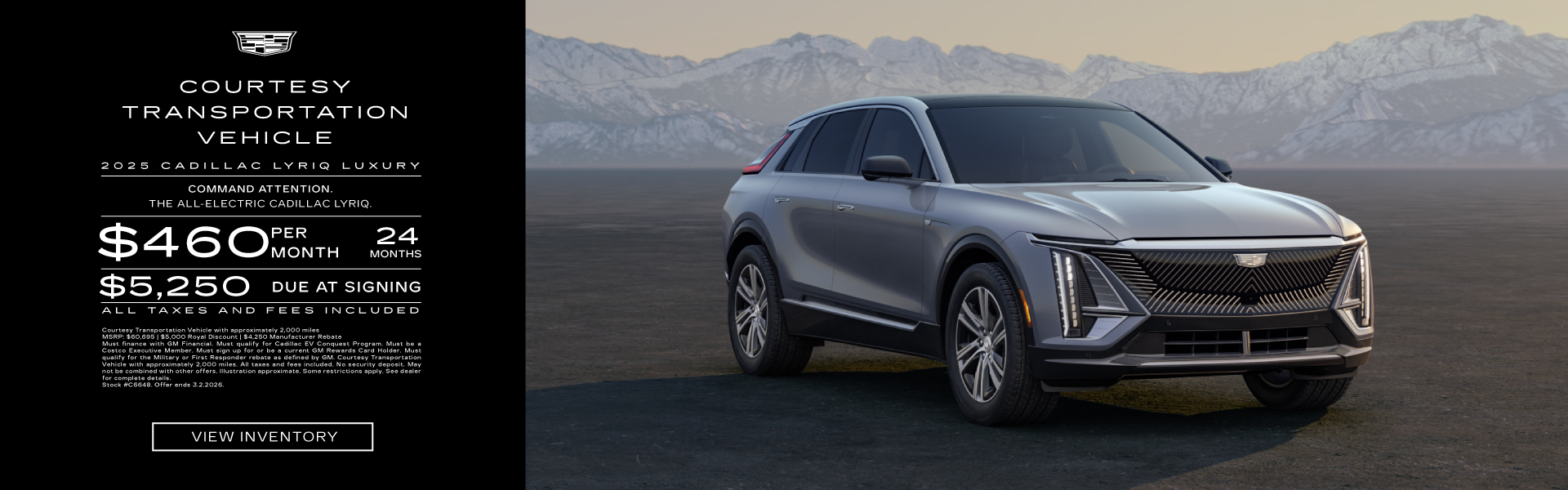 Lease a 2025 Cadillac LYRIQ Luxury for $460/month for 24 months, with $5,250 due at signing.