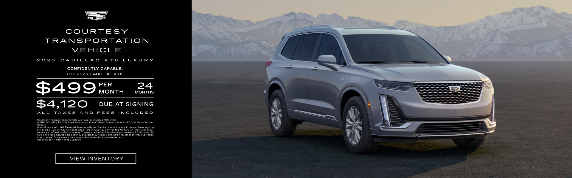 Lease a 2025 Cadillac XT6 Luxury for $499/month for 24 months, with $4,120 due at signing.