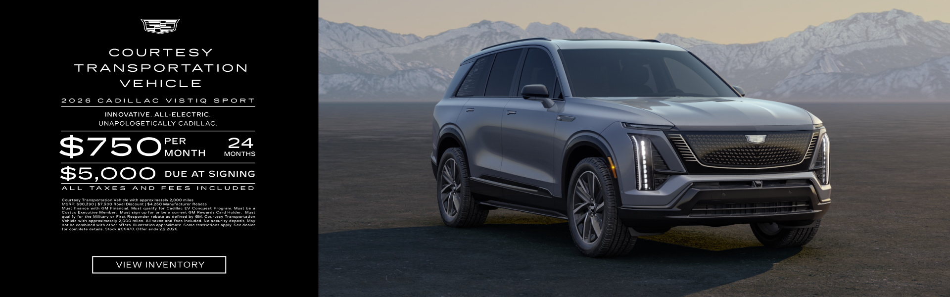 Lease a 2026 Cadillac VISTIQ Sport for $750/month for 24 months, with $5,000 due at signing. All Taxes and Fees Included!