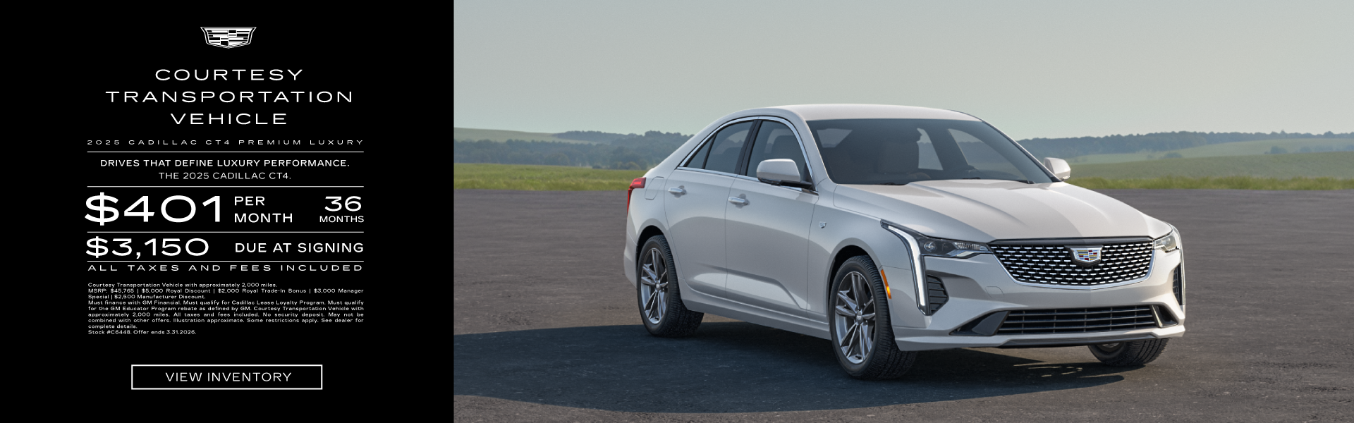 Lease a 2025 Cadillac CT4 Premium Luxury for $401/month for 36 months, with $3,150 due at signing.