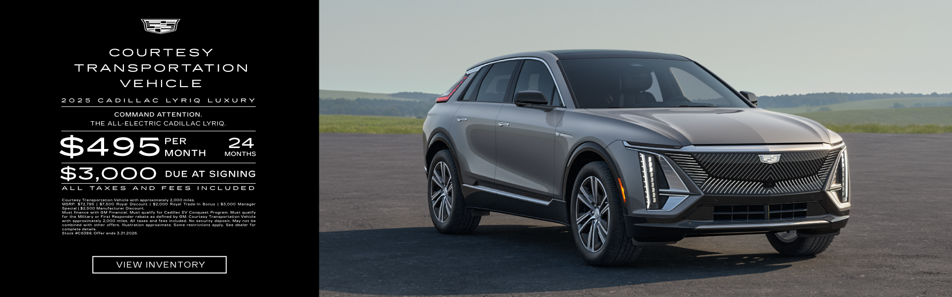 Lease a 2025 Cadillac LYRIQ Luxury for $495/month for 24 months, with $3,000 due at signing.
