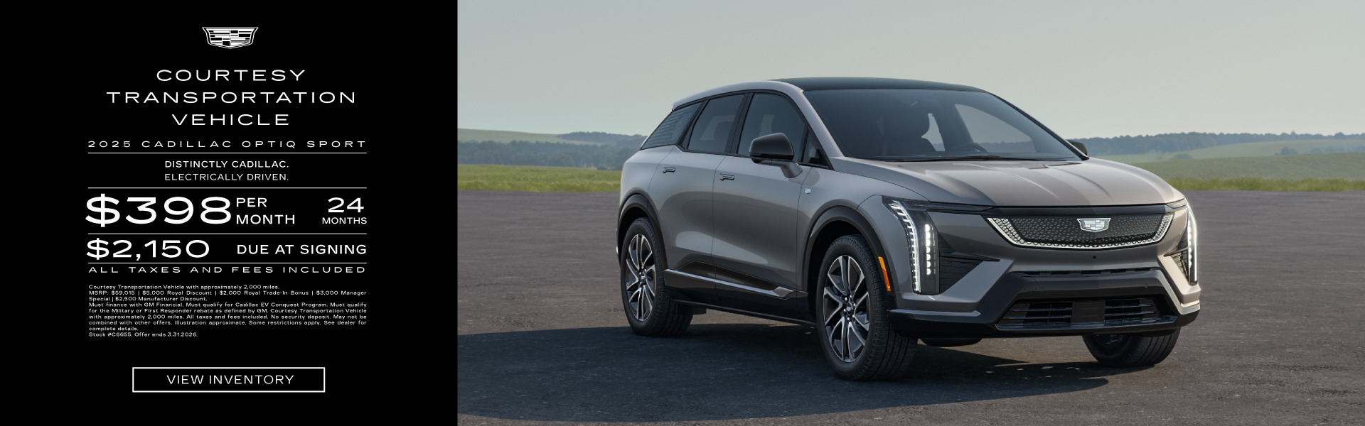 Lease a 2025 Cadillac OPTIQ Sport for $398/month for 24 months, with $2,150 due at signing.